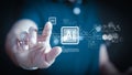 Businessman hand touching virtual AI icon interface. Concept of artificial intelligence technology, machine learning, big data Royalty Free Stock Photo