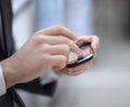 Businessman hand use phone ,Close up of a man using mobile smar