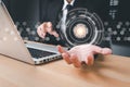 Businessman hand using fingerprint indentification to access personal financial data