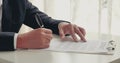 Businessman hand using pen signing on new contract to starting projects in conference room. Close up business manager man hands Royalty Free Stock Photo