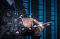 businessman hand using tablet computer and server room Royalty Free Stock Photo