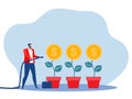 Businessman hand watering money tree business growth  investment profit flat vector illustration Royalty Free Stock Photo