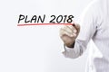 Businessman hand writing plan 2018 with red marker on transparent wipe board, business concept Royalty Free Stock Photo