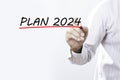 Businessman hand writing plan 2024 with red marker on transparent wipe board, business concept Royalty Free Stock Photo