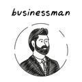 Businessman handdrawn portrait avatar. Cartoon vector clip art of a bearded man in a suit. Black and white sketch portrait of a