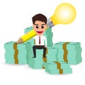 Businessman handle pencil lightbulb and sitting on money stacks