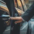 Businessman, hands and chauffeur by car door for travel accommodation, designated driver or commute. Hand of male person Royalty Free Stock Photo