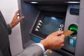 Businessman, hands and credit card at ATM machine for banking, cash withdrawal or money transfer on account. Closeup of Royalty Free Stock Photo
