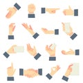 Businessman hands gestures. Direction pointing hand, giving handful gesture and hold in male hands cartoon vector