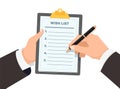 Businessman hands holding clipboard with wish list. Business man with pen writes down wishes on paper wishlist form flat