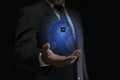 Businessman hands holding creative glowing digital AI brain hologram. Artificial intelligence concept Royalty Free Stock Photo