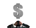 Businessman hands holding head facing cracking 3D concrete dollar sign Royalty Free Stock Photo