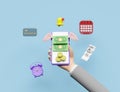 Businessman hands holding mobile phone,smartphone with coins,flying dollar banknote wings,calendar,invoice,paper check receipt