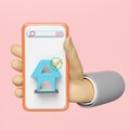 Businessman hands holding mobile phone, smartphone with home, magnifying, search bar isolated on pink background. online shopping