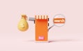 Businessman hands holding money bag with orange mobile phone,smartphone,store front,search label tag,magnifying isolated on pink. Royalty Free Stock Photo