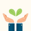 Businessman hands holding plants, environment symbol, agriculture and nature concept, vector illustration.