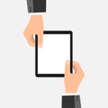 Businessman hands holding tablet with blank screen in a flat design