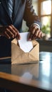 Businessman hands inserting blank white paper into a brown craft envelope for mail Royalty Free Stock Photo