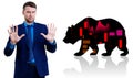 Businessman with palms shows refusal gesture over bear silhouette. Royalty Free Stock Photo