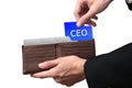 Businessman hands paying folder CEO concept on brown wallet. Royalty Free Stock Photo