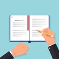 Businessman hands with pen writes on a book page. studying and summarize concept. Flat style vector illustration