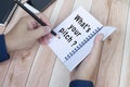 Businessman hands with pen writing notebook on office desk Royalty Free Stock Photo