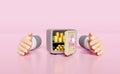 Businessman hands protecting, open safe box, money coins stacks, gold bar isolated on pink background. saving money, business