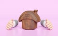 businessman hands protecting wooden house model isolated on pink background. happy family, protection, mortgage loans concept, 3d