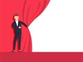 Businessman hands pull rope red cloth. Grand opening concept. Vector illustration flat design. Isolated on background. Royalty Free Stock Photo