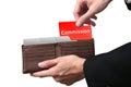 Businessman hands pulling red folder COMMISSION concept on brown Royalty Free Stock Photo