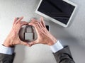 Businessman hands showing core symbol of professional security, data faith