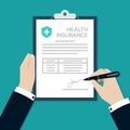 Businessman Hands signing on the health insurance form document, Business concept, Vector Illustration in flat style
