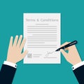 Businessman Hands signing on the terms and conditions form document, Business concept, Vector Illustration in flat style