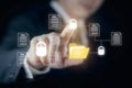 Businessman hands touching virtual folder and document icons. Royalty Free Stock Photo