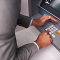 Businessman, hands and typing pin on ATM for banking, privacy or security at money machine. Closeup of man entering Royalty Free Stock Photo