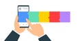 Businessman hands using smartphone social media app carousel interface swipe internet network