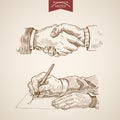 Businessman handshake contract deal engraving vintage Royalty Free Stock Photo