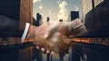 businessman handshake on skyscraper in city background with double exposure. business teamwork and partnership. generative AI Royalty Free Stock Photo