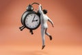 businessman hanging on floating huge retro alarm clock punctuality and reliability concept infinite orange background 3D