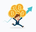 Businessman are happy at the bitcoin prices up. Cryptocurrency m