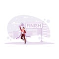 The businessman with a happy face made it across the finish line with a trophy. Career promotion concept. Royalty Free Stock Photo