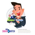 businessman are happy with his smartwatch. funtionable icon around the watch - vector illustration Royalty Free Stock Photo