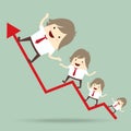 Businessman is happy and running up on red arrow growing graph,
