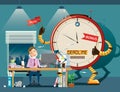 Businessman hard work at night. Giant clock robot standing on background, motivate him to work. vector