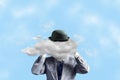 Businessman in a hat, with a cloud instead of a head, with arms raised. The concept of tough decision making, creative Royalty Free Stock Photo