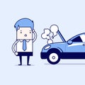 Businessman have a force majeure, a car broke down. Cartoon character thin line style vector.