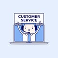 Businessman with headset in a computer, customer service and technical support concept. Cartoon character thin line style vector.