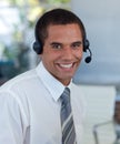 Businessman with a headset on working