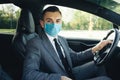 Businessman healthcare. Pandemic. Citizens. Lockdown safety. Businessman wearing medical mask in prevention for