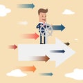 Businessman at the helm of rides on the arrow. Businessman drive flying arrows. Vector illustration